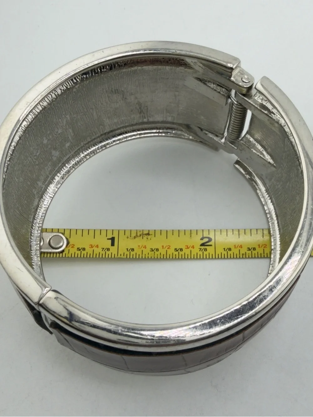 Silver-Toned Wide Cuff Clamper Bracelet with Brown Croc-Embossed Leather, 8-1/2”